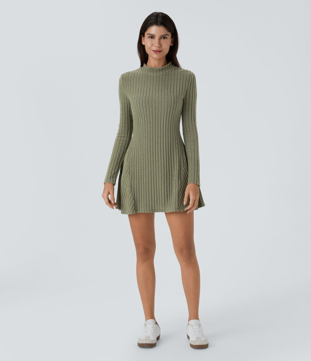 Ribbed Knit Stand Collar Long Sleeve Mini Fleece Casual Dress — Moss Green Floral Velvet — view 6