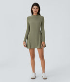 Ribbed Knit Stand Collar Long Sleeve Mini Fleece Casual Dress — Moss Green Floral Velvet — view 6