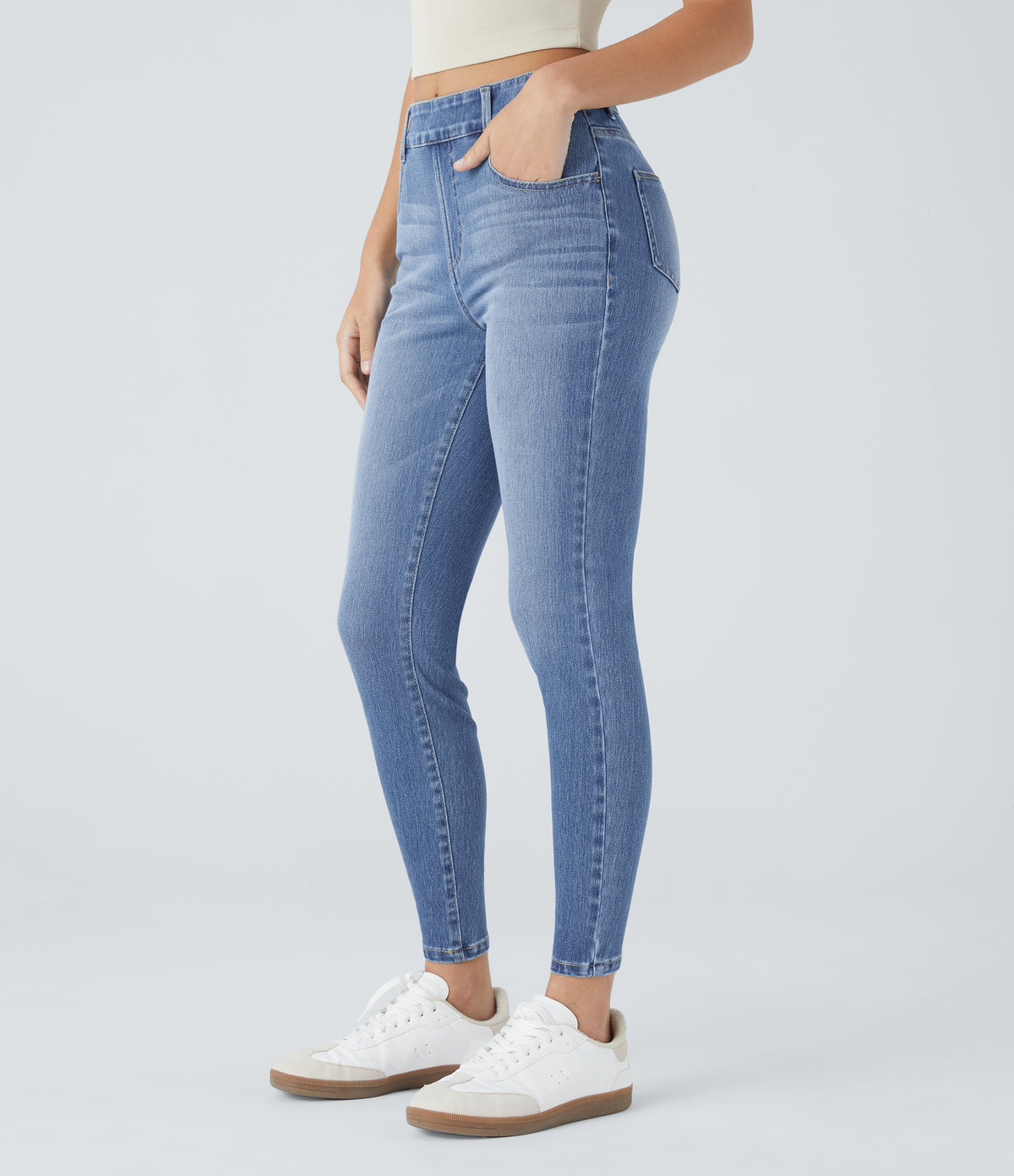 Mid Rise Pull On Pockets Casual Skinny Jeans — Blue Spruce Denim — view 6