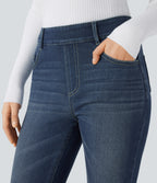 Mid Rise Pull On Pockets Casual Skinny Jeans — Distressed Denim Dark Blue — view 4