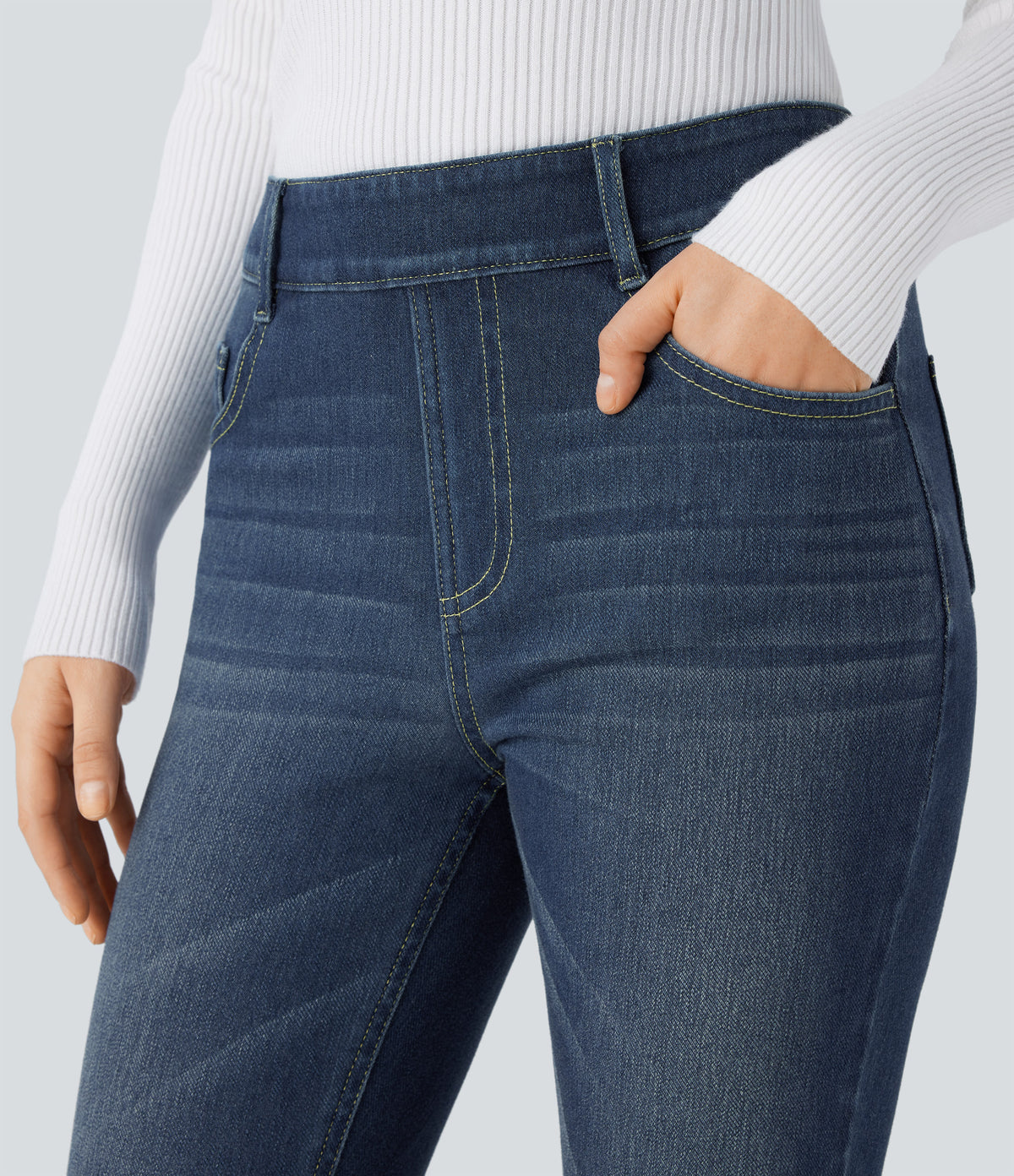 Mid Rise Pull On Pockets Casual Skinny Jeans — Distressed Denim Dark Blue — view 4