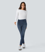 Mid Rise Pull On Pockets Casual Skinny Jeans — Distressed Denim Dark Blue — view 5