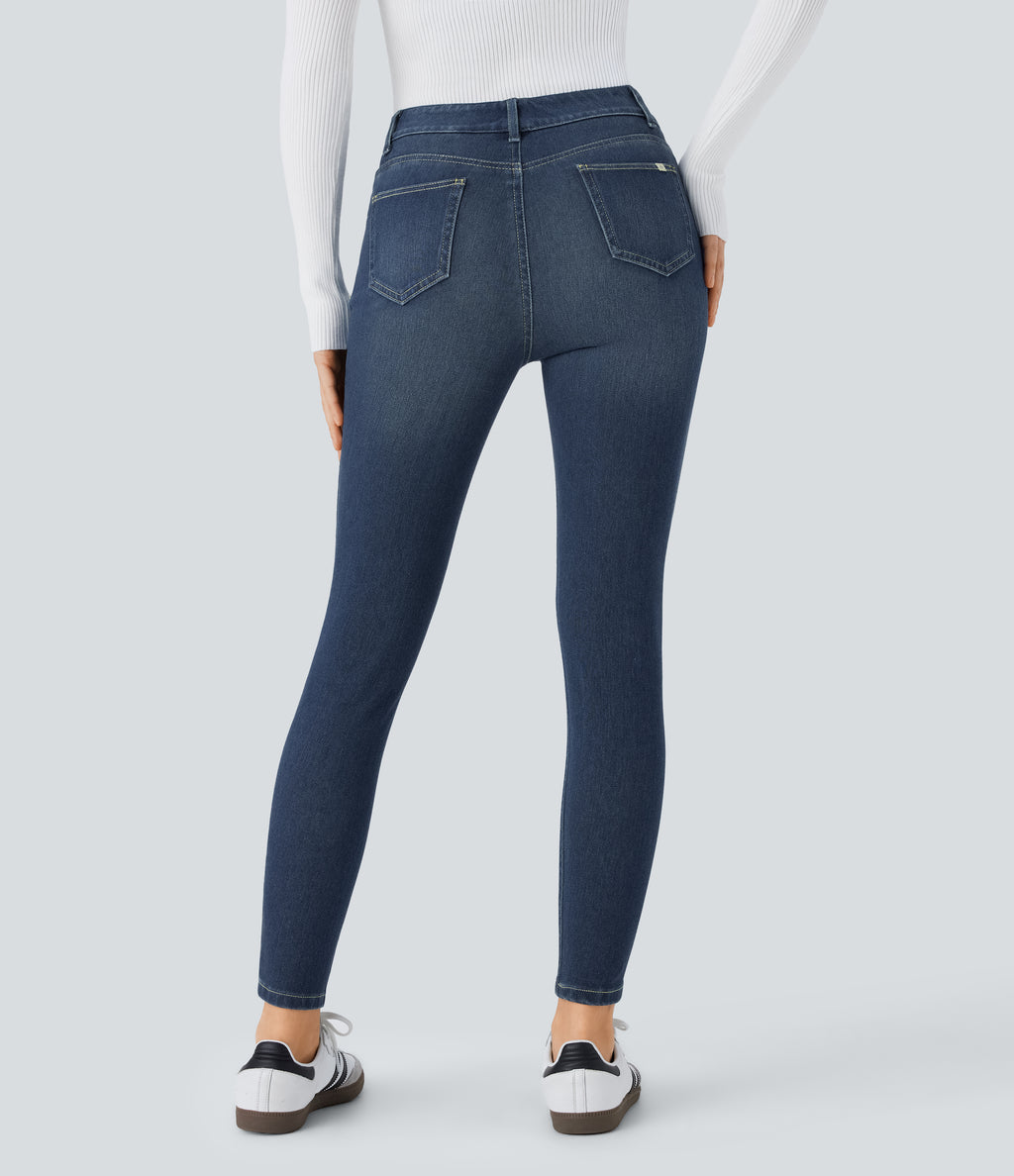 Mid Rise Pull On Pockets Casual Skinny Jeans — Distressed Denim Dark Blue — view 2