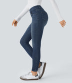 Mid Rise Pull On Pockets Casual Skinny Jeans — Distressed Denim Dark Blue — view 1