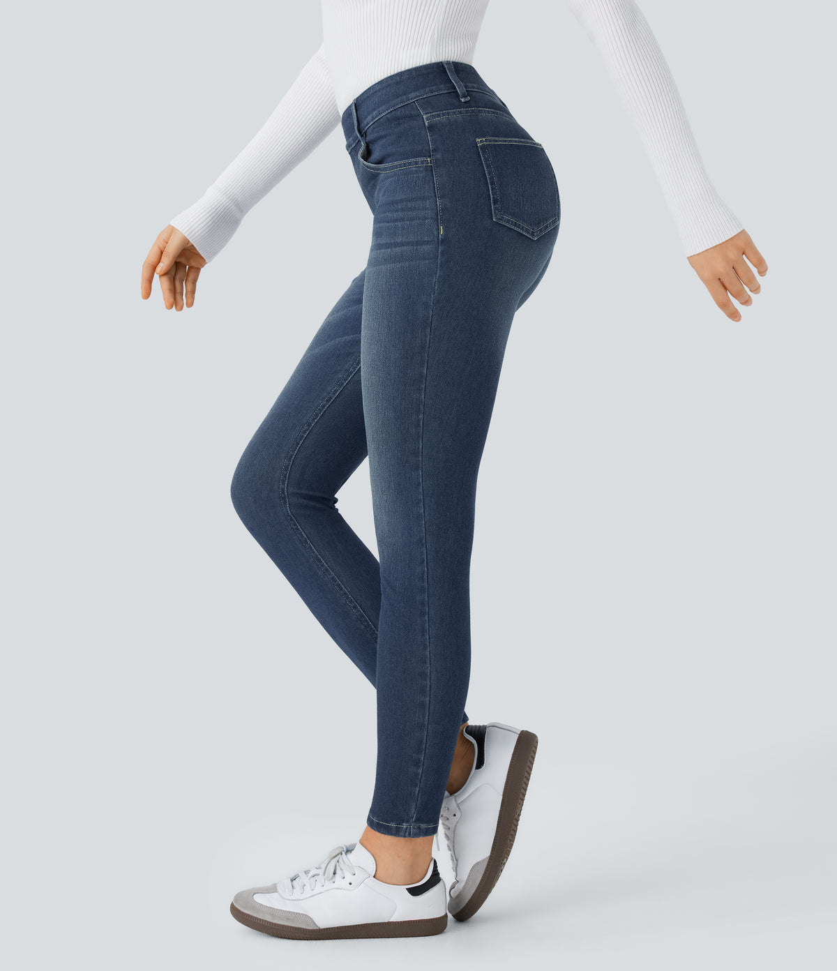 Mid Rise Pull On Pockets Casual Skinny Jeans — Distressed Denim Dark Blue — view 1