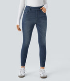 Mid Rise Pull On Pockets Casual Skinny Jeans — Distressed Denim Dark Blue — view 3
