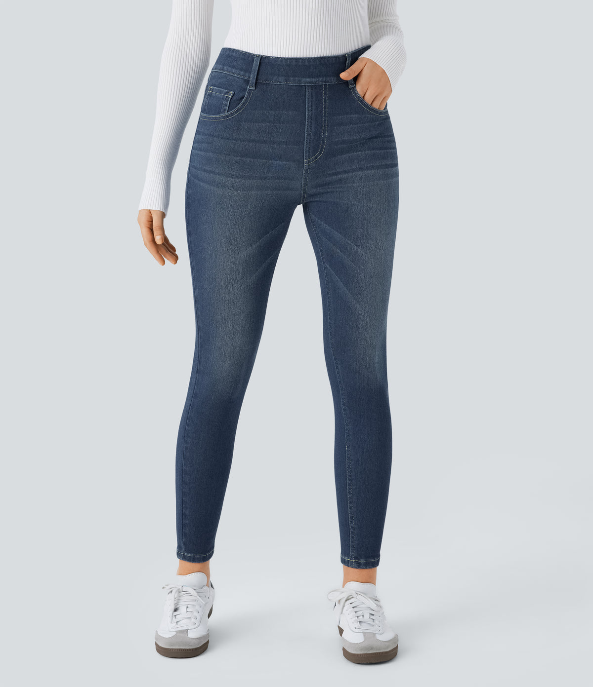 Mid Rise Pull On Pockets Casual Skinny Jeans — Distressed Denim Dark Blue — view 3
