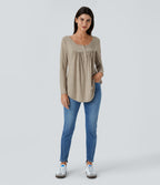 Round Neck Button Long Sleeve Curved Hem Casual Top — Khaki Floral Yarn — view 7
