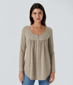 Round Neck Button Long Sleeve Curved Hem Casual Top — Khaki Floral Yarn — view 1