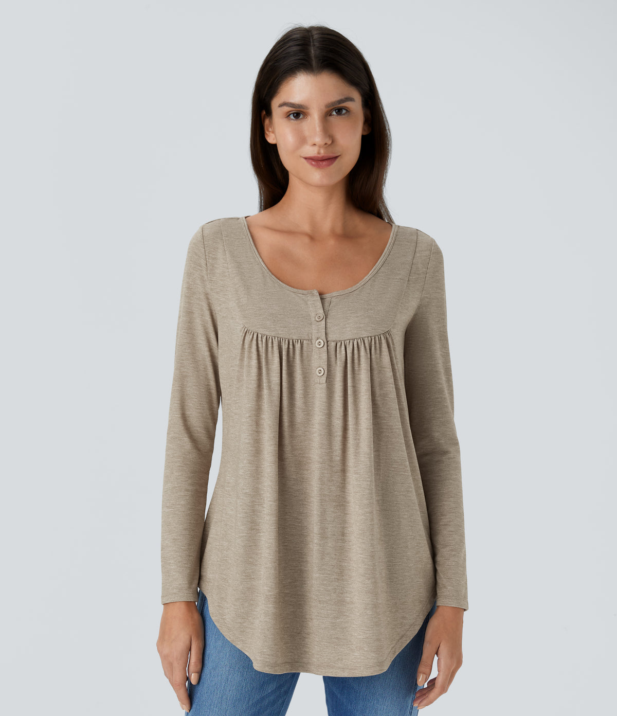 Round Neck Button Long Sleeve Curved Hem Casual Top — Khaki Floral Yarn — view 1