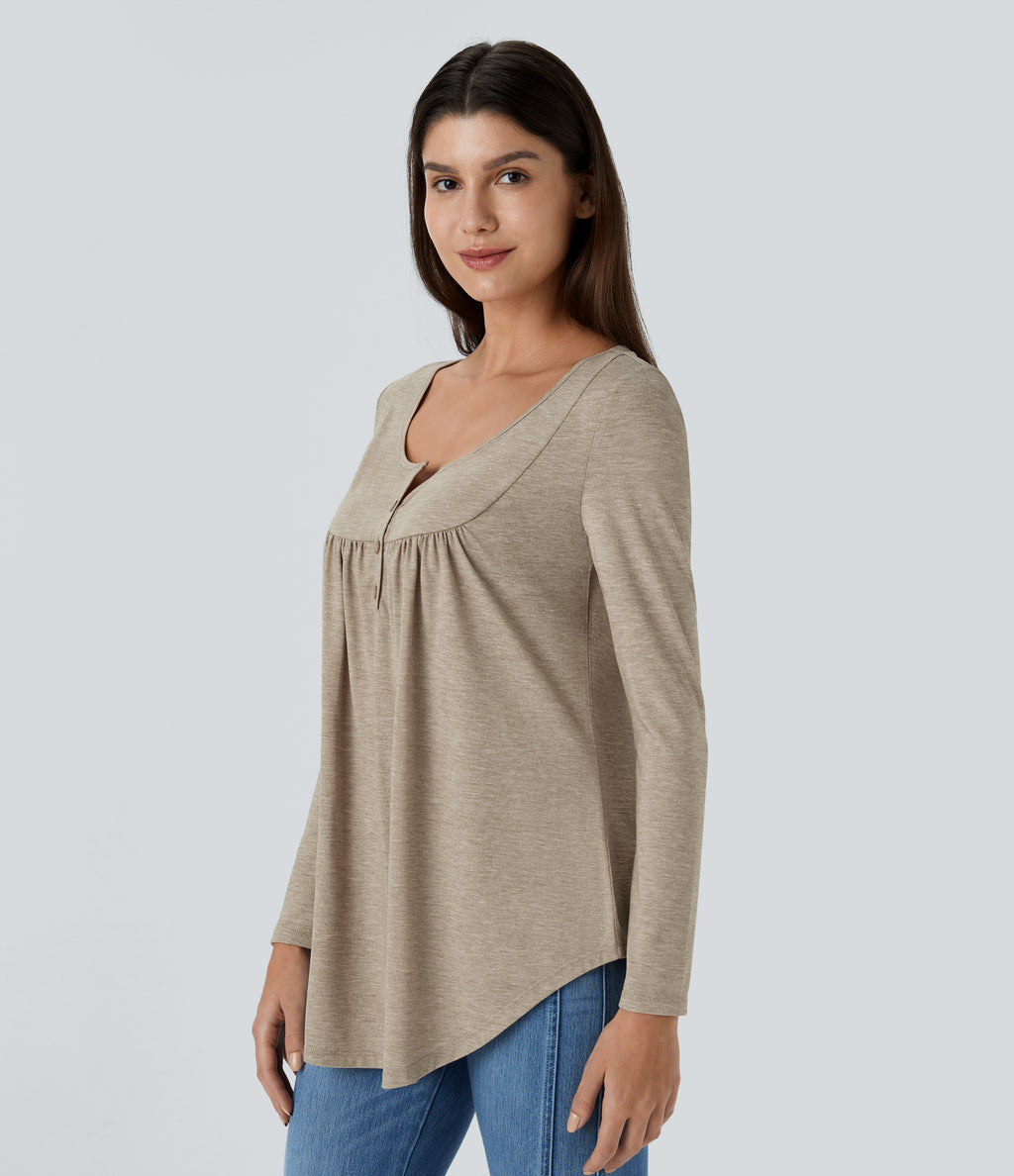 Round Neck Button Long Sleeve Curved Hem Casual Top — Khaki Floral Yarn — view 3