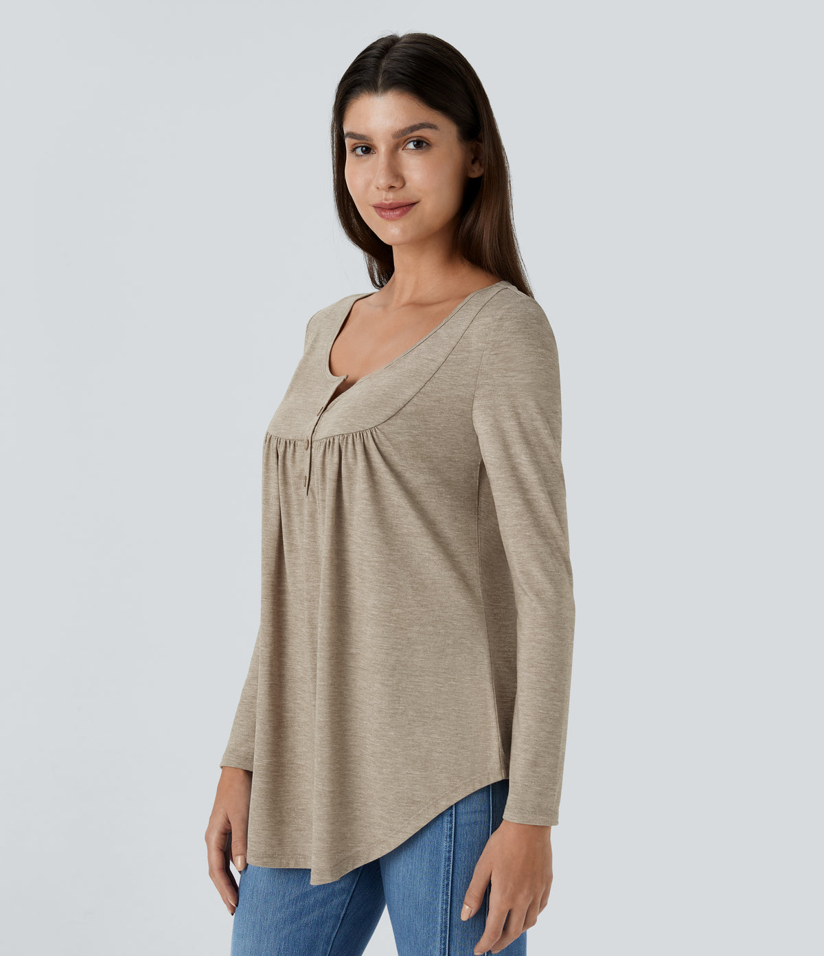 Round Neck Button Long Sleeve Curved Hem Casual Top — Khaki Floral Yarn — view 3