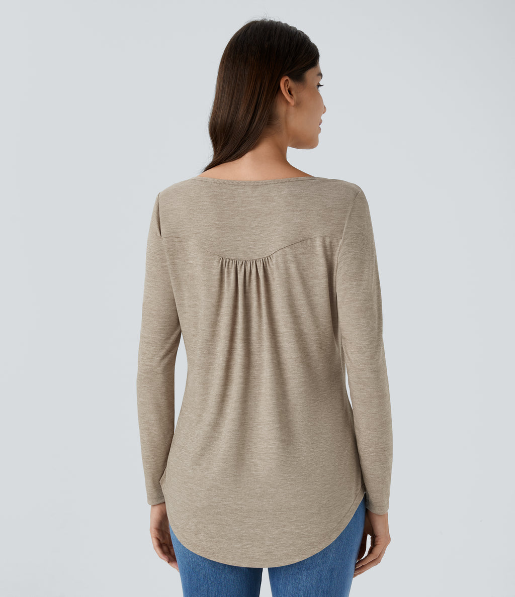 Round Neck Button Long Sleeve Curved Hem Casual Top — Khaki Floral Yarn — view 2