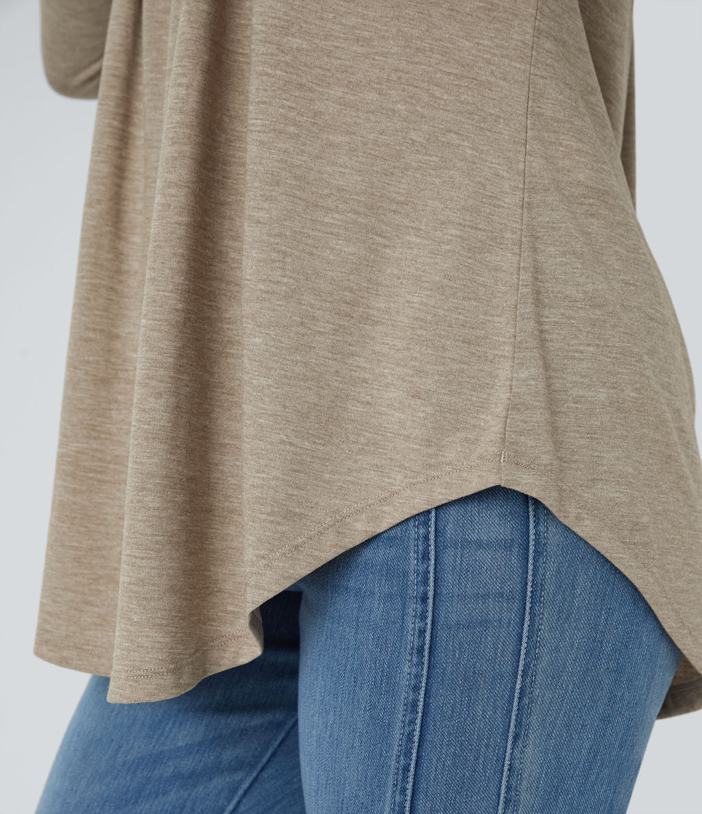 Round Neck Button Long Sleeve Curved Hem Casual Top — Khaki Floral Yarn — view 6