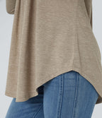 Round Neck Button Long Sleeve Curved Hem Casual Top — Khaki Floral Yarn — view 6