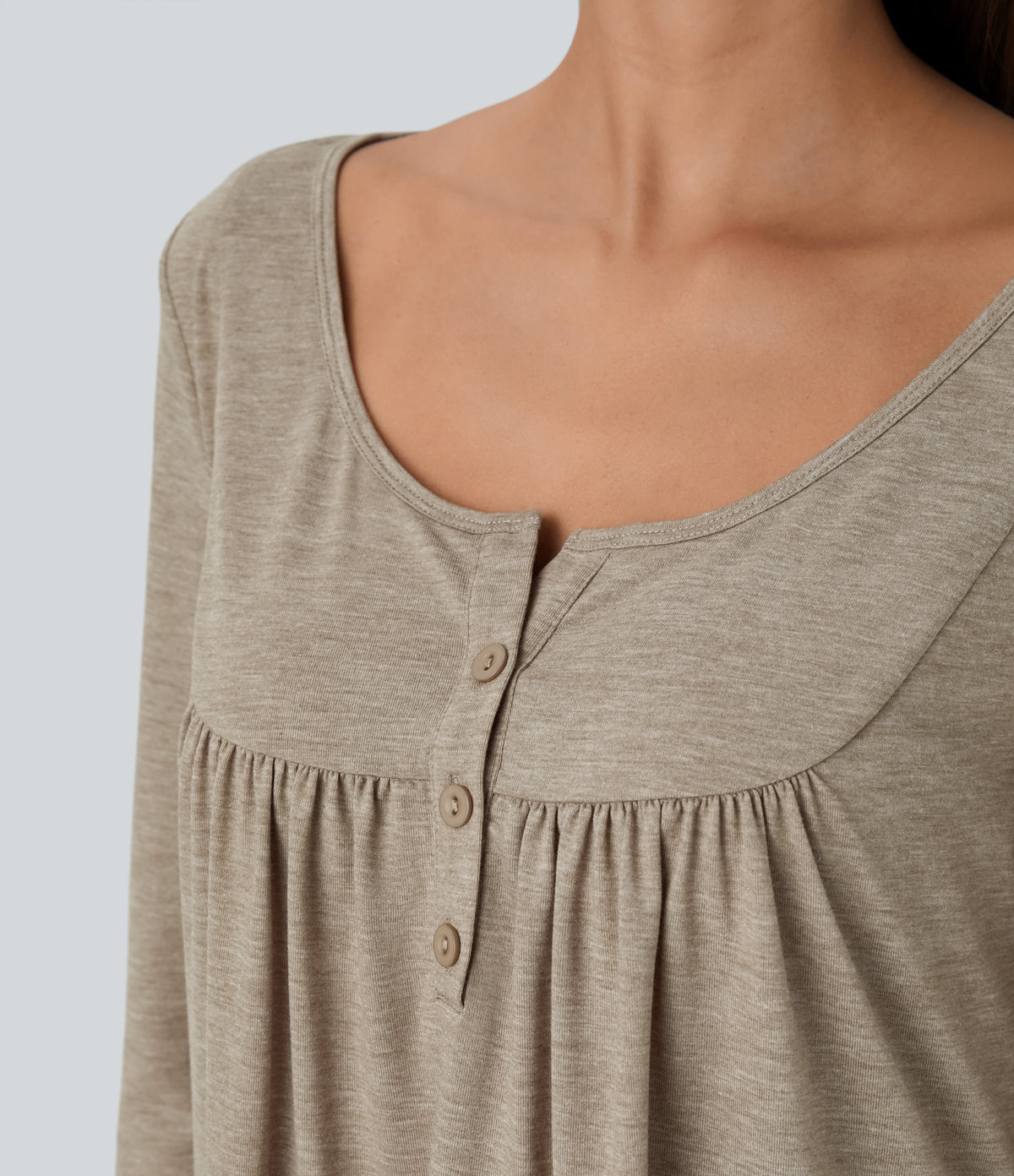 Round Neck Button Long Sleeve Curved Hem Casual Top — Khaki Floral Yarn — view 4