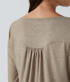Round Neck Button Long Sleeve Curved Hem Casual Top — Khaki Floral Yarn — view 5