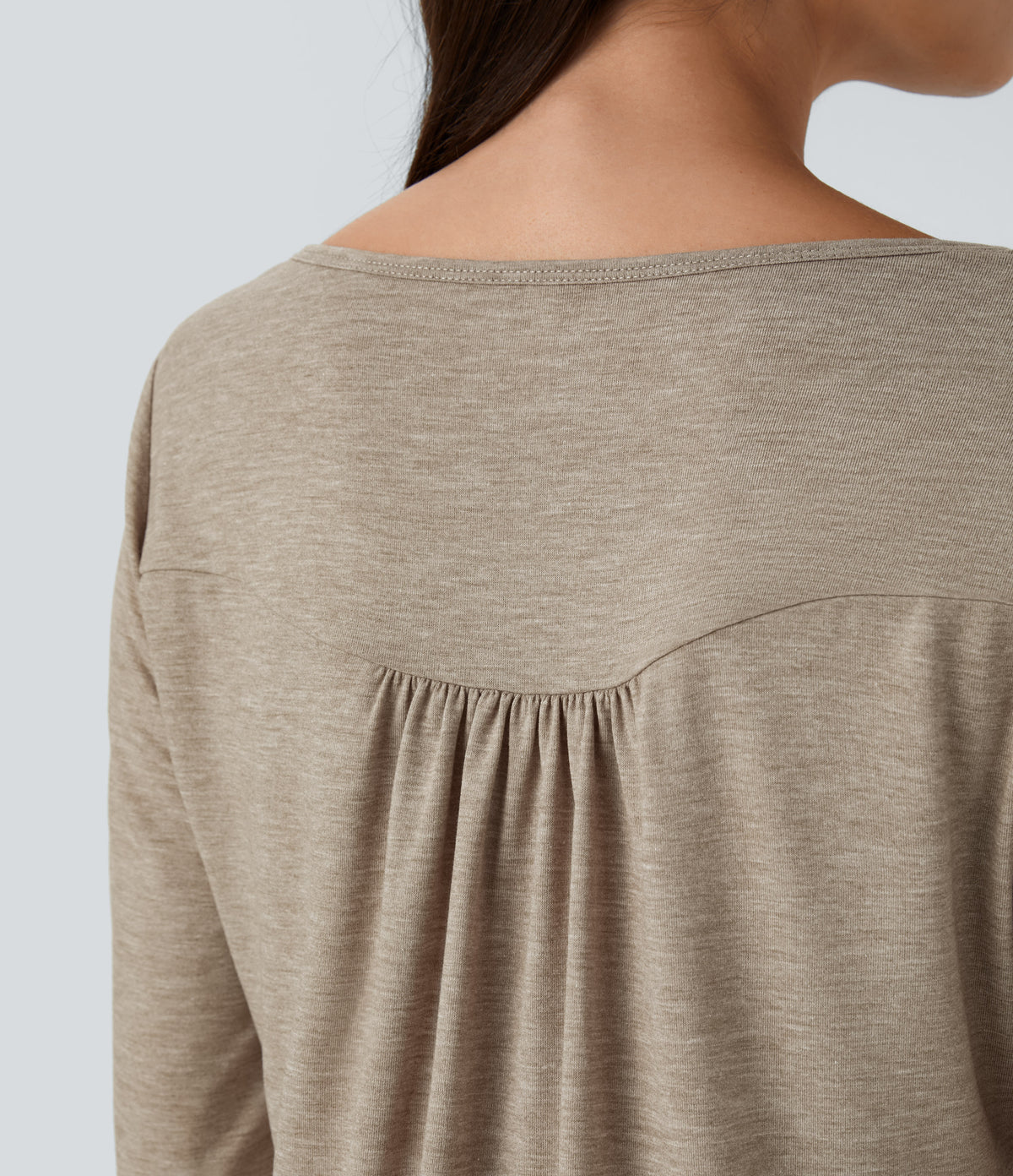 Round Neck Button Long Sleeve Curved Hem Casual Top — Khaki Floral Yarn — view 5