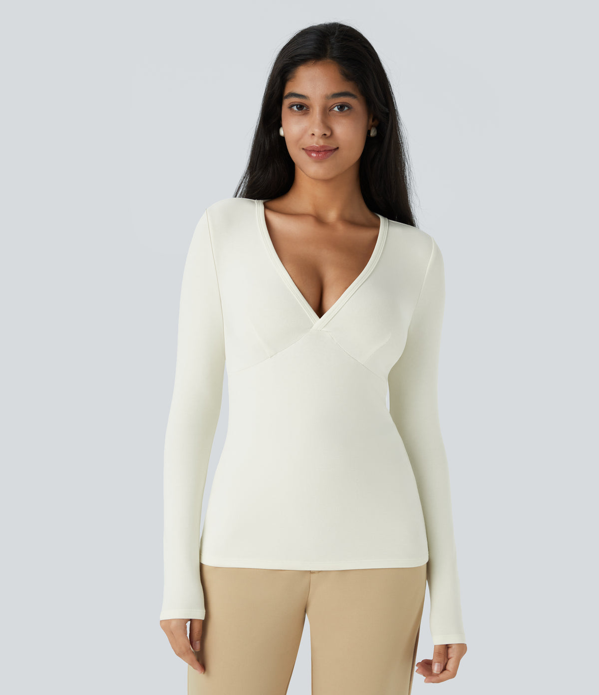 V Neck Long Sleeve Thermal Work Top — Lily White — view 5