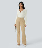 V Neck Long Sleeve Thermal Work Top — Lily White — view 6