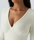 V Neck Long Sleeve Thermal Work Top — Lily White — view 4