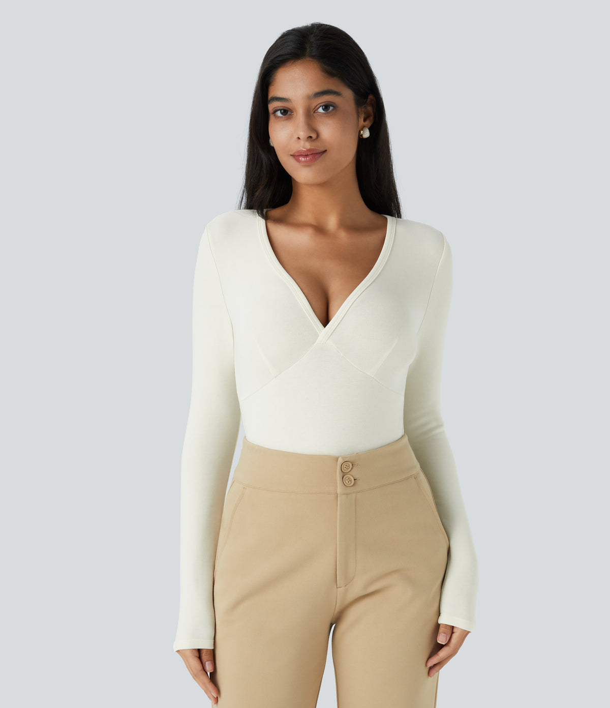 V Neck Long Sleeve Thermal Work Top — Lily White — view 1