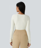 V Neck Long Sleeve Thermal Work Top — Lily White — view 2