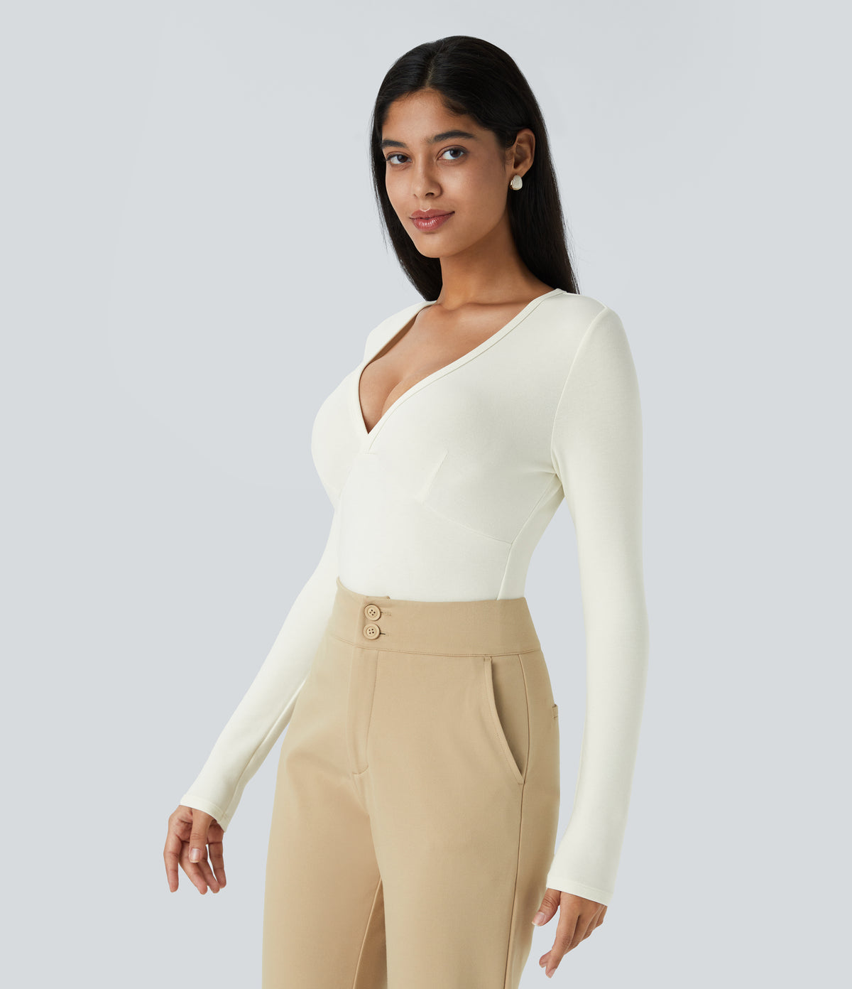 V Neck Long Sleeve Thermal Work Top — Lily White — view 3