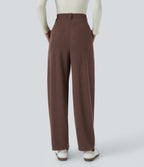 Ribbed High Waisted Pocket Barrel Leg Work Trousers — Chestnut — view 2