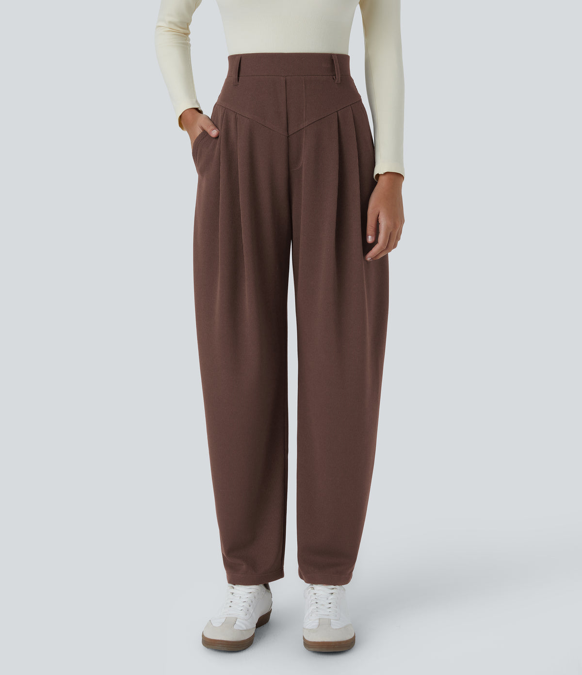Ribbed High Waisted Pocket Barrel Leg Work Trousers — Chestnut — view 1