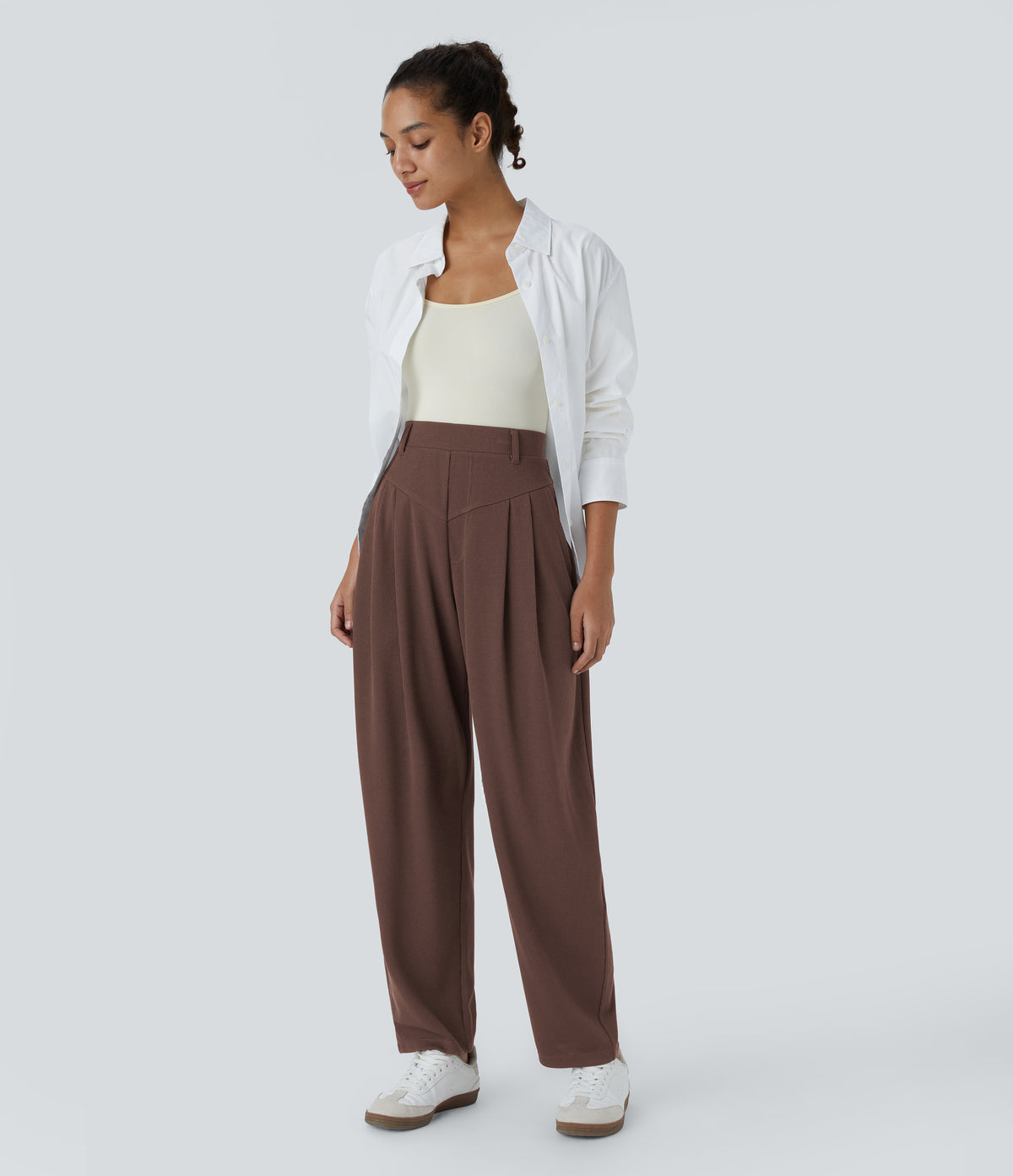 Ribbed High Waisted Pocket Barrel Leg Work Trousers — Chestnut — view 5