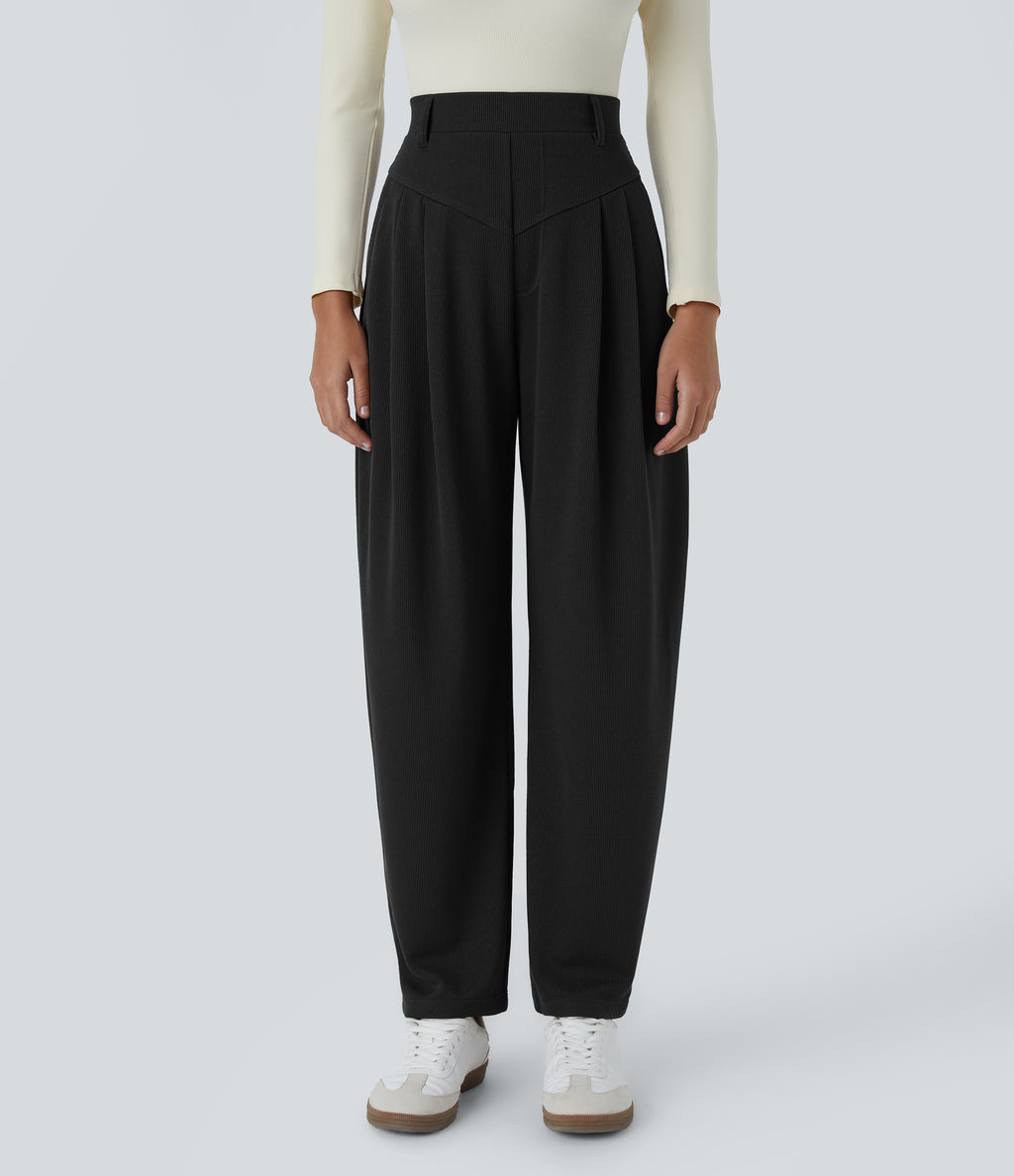 Ribbed High Waisted Pocket Barrel Leg Work Trousers — Black — view 6