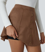 High Waisted Decorative Button 2-in-1 A Line Suede Mini Casual Skirt — Pecan Pie — view 5