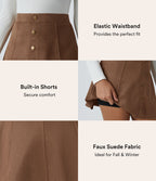 High Waisted Decorative Button 2-in-1 A Line Suede Mini Casual Skirt — Pecan Pie — view 2