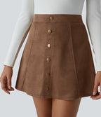 High Waisted Decorative Button 2-in-1 A Line Suede Mini Casual Skirt — Pecan Pie — view 6