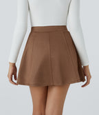 High Waisted Decorative Button 2-in-1 A Line Suede Mini Casual Skirt — Pecan Pie — view 3