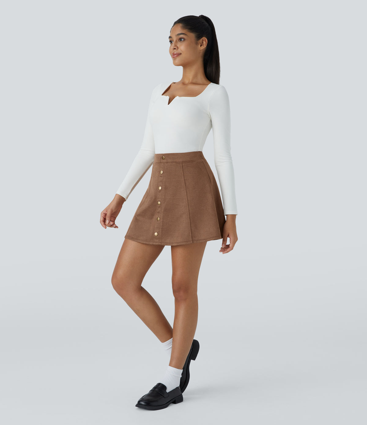 High Waisted Decorative Button 2-in-1 A Line Suede Mini Casual Skirt — Pecan Pie — view 7