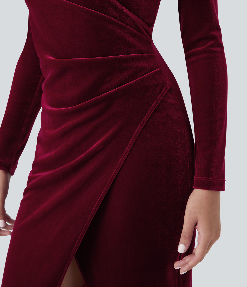 V Neck Long Sleeve Ruched Split Velvet Midi Casual Dress — Sangria — view 4