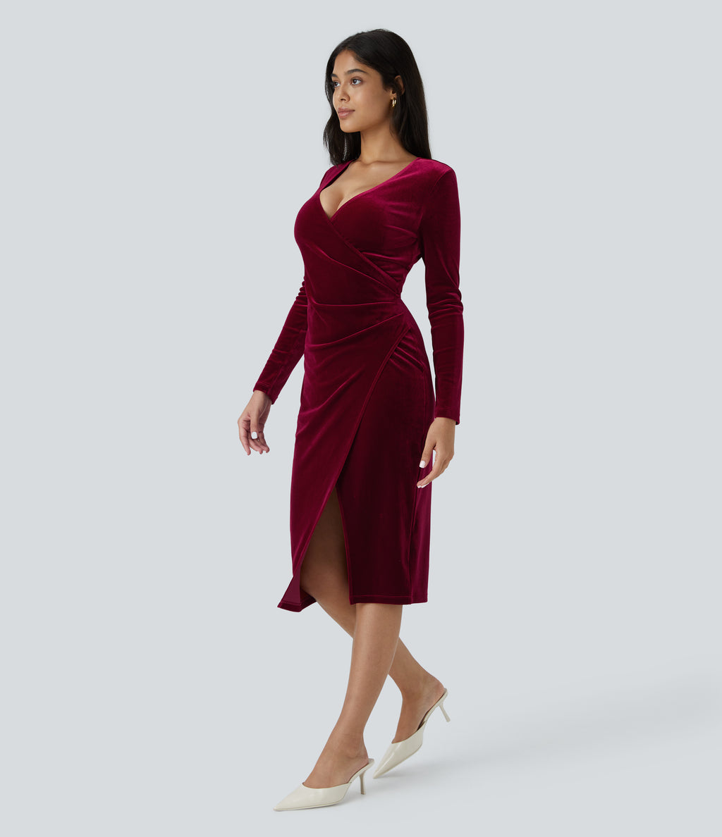 V Neck Long Sleeve Ruched Split Velvet Midi Casual Dress — Sangria — view 3