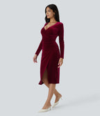 V Neck Long Sleeve Ruched Split Velvet Midi Casual Dress — Sangria — view 3