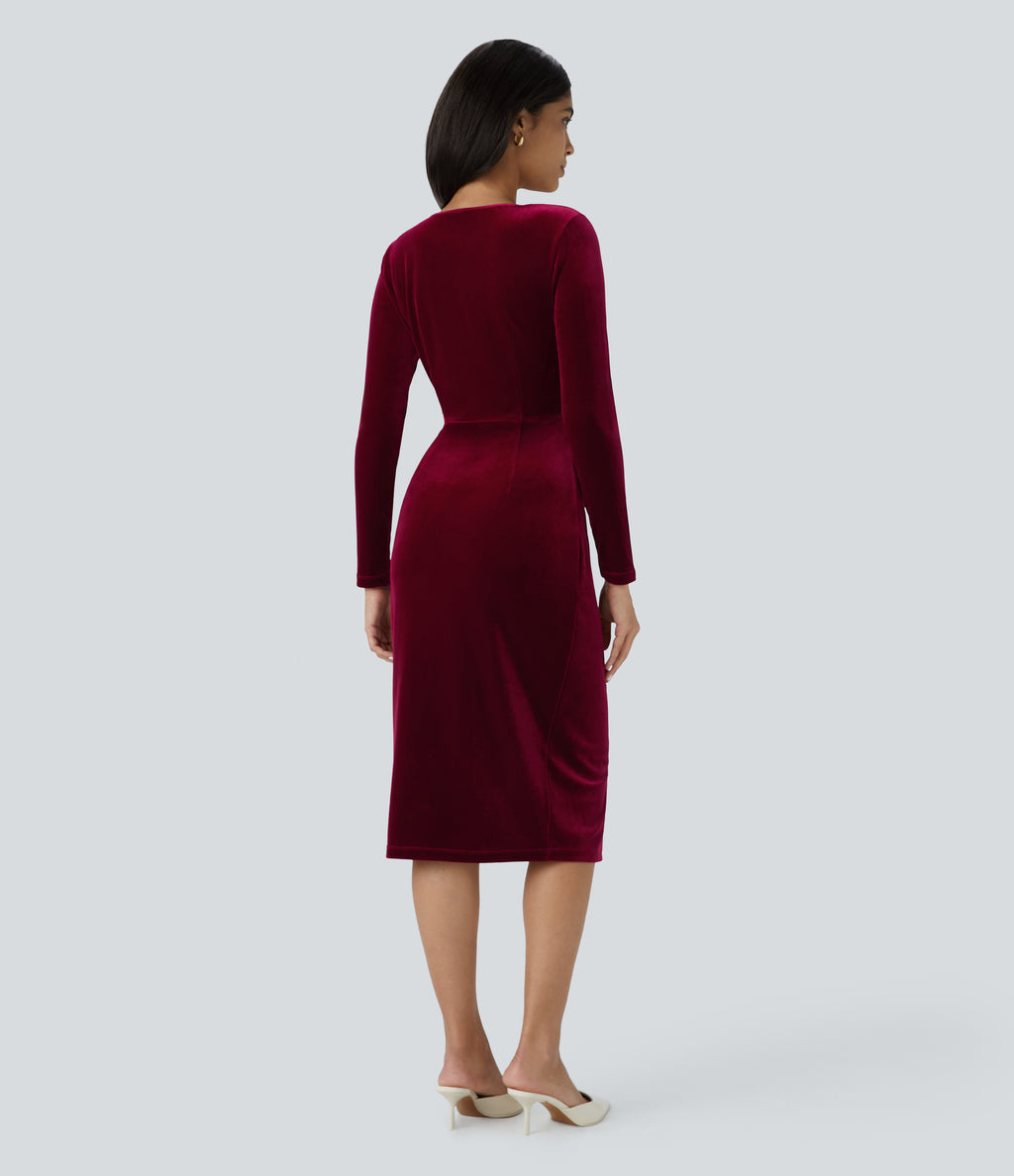 V Neck Long Sleeve Ruched Split Velvet Midi Casual Dress — Sangria — view 2
