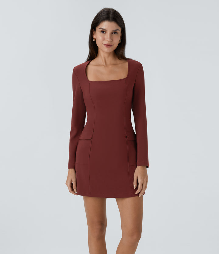 Square Neck Long Sleeve Invisible Zipper Flap Pocket Slim Mini Casual Dress — Fired Brick — view 1