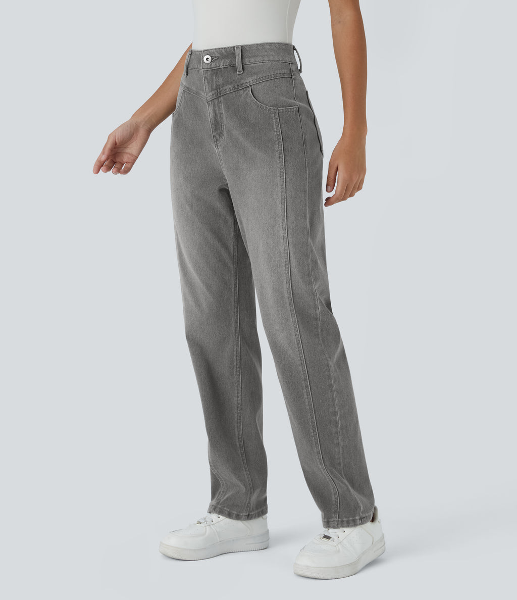 High Waisted Button Zipper Multiple Pockets Washed Stretchy Knit Casual Jeans — Fragrant Ash Denim — view 1