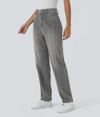 High Waisted Button Zipper Multiple Pockets Washed Stretchy Knit Casual Jeans — Fragrant Ash Denim — view 1