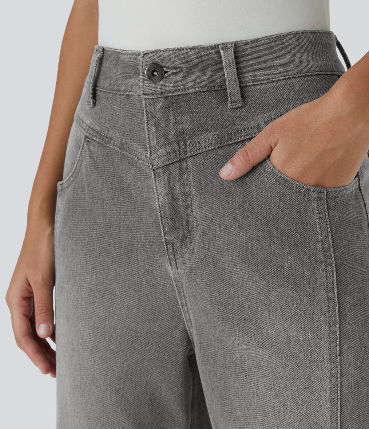 High Waisted Button Zipper Multiple Pockets Washed Stretchy Knit Casual Jeans — Fragrant Ash Denim — view 4