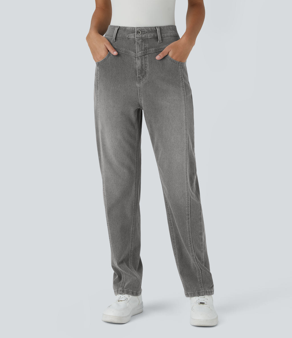 High Waisted Button Zipper Multiple Pockets Washed Stretchy Knit Casual Jeans — Fragrant Ash Denim — view 3