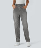 High Waisted Button Zipper Multiple Pockets Washed Stretchy Knit Casual Jeans — Fragrant Ash Denim — view 3