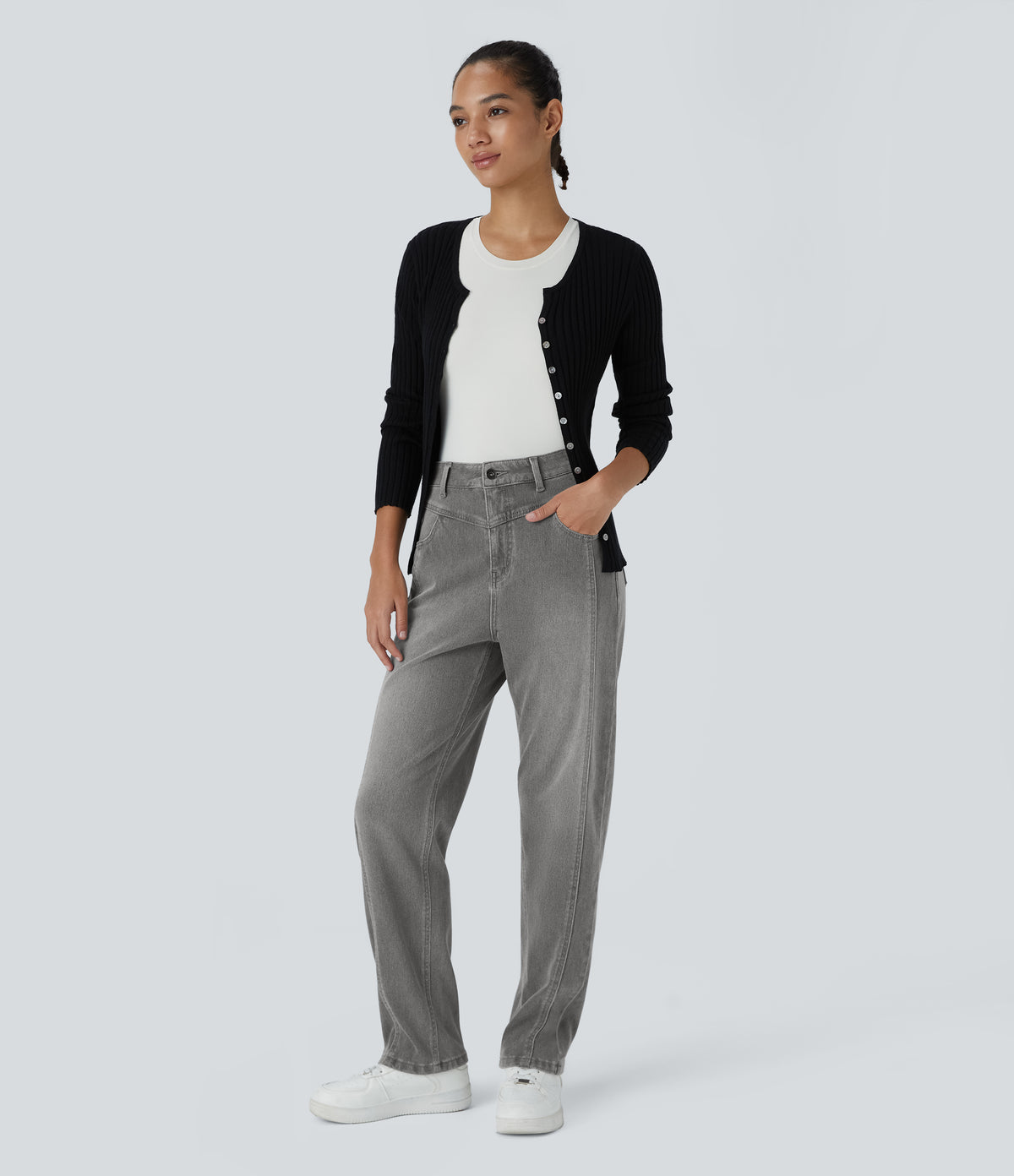 High Waisted Button Zipper Multiple Pockets Washed Stretchy Knit Casual Jeans — Fragrant Ash Denim — view 7