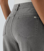 High Waisted Button Zipper Multiple Pockets Washed Stretchy Knit Casual Jeans — Fragrant Ash Denim — view 5
