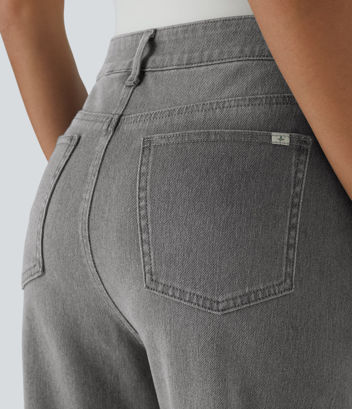 High Waisted Button Zipper Multiple Pockets Washed Stretchy Knit Casual Jeans — Fragrant Ash Denim — view 5